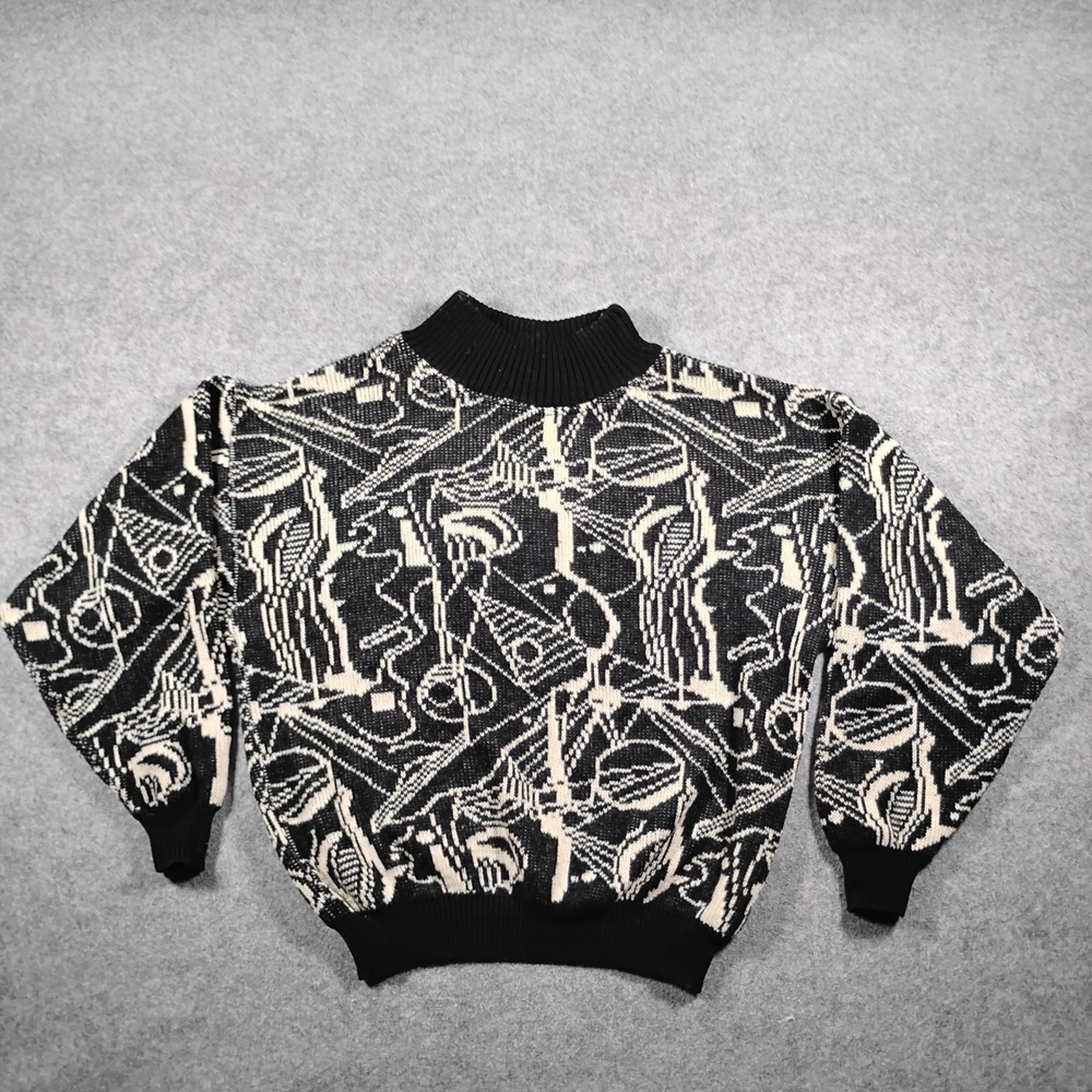 Lido Sports Men's Vintage 80s Abstract Geometric Mock Neck Knit Sweater M Black